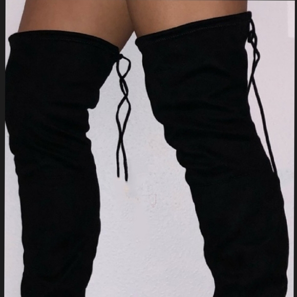 Over the Knee Black Vegan Suede Boots - Picture 6 of 7